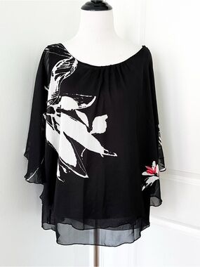 Romeo & Juliet Couture Black Floral Layered Chiffon Blouse with Pink Accent - L